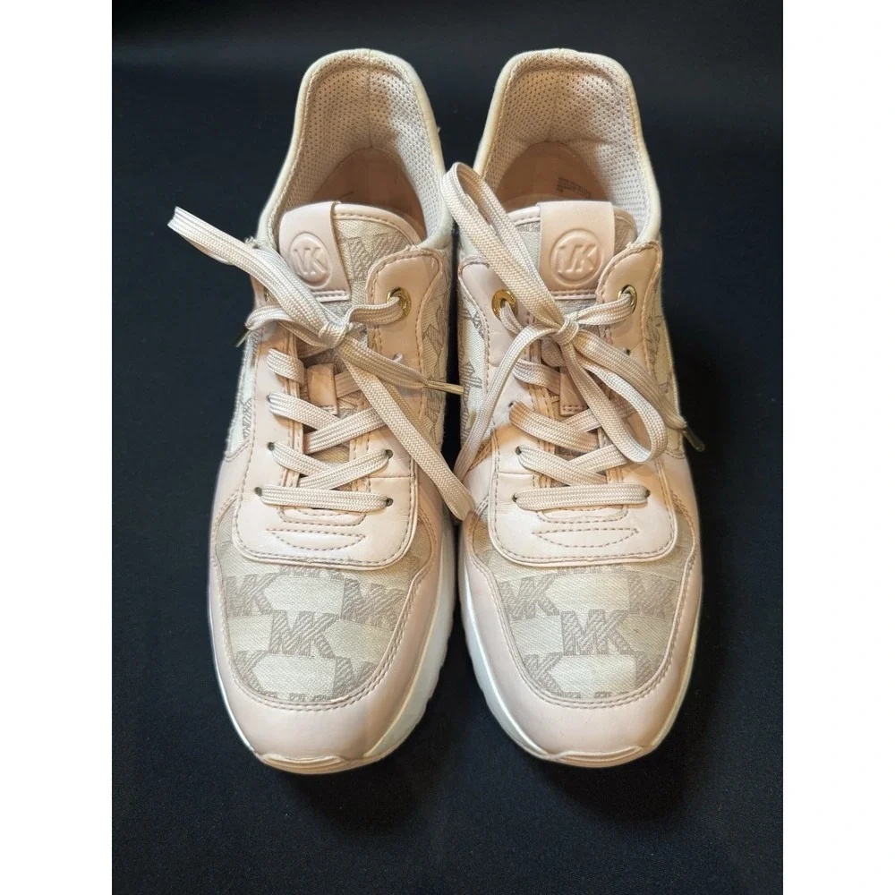 Michael Kors Muse Trainer Women's Low Top Lace Up Logo Sneakers Pink Gold Trim